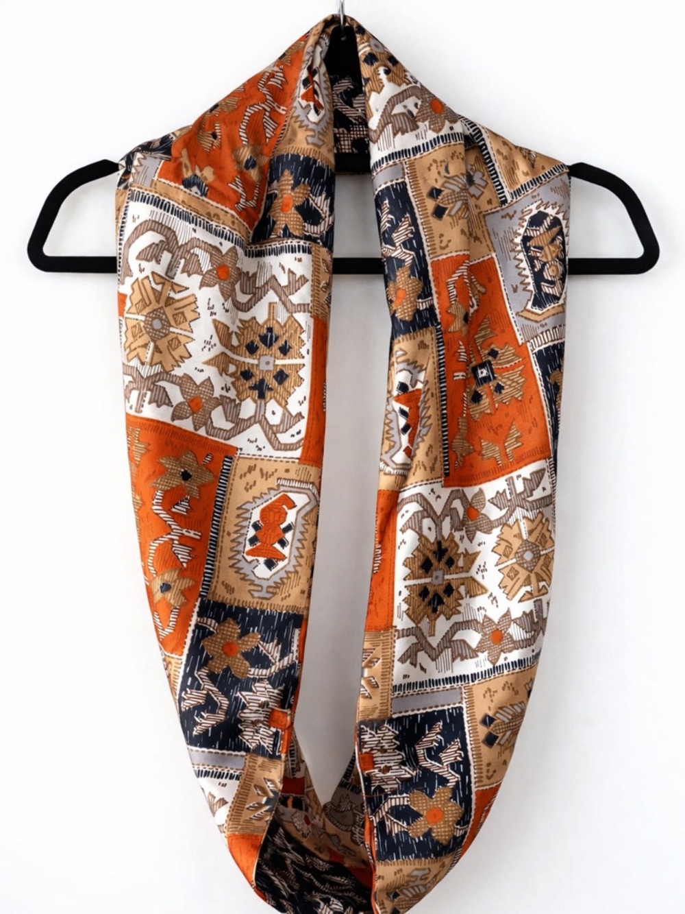 Boho Satin Infinity Scarf Orange Brown Geometric Southwestern Fall